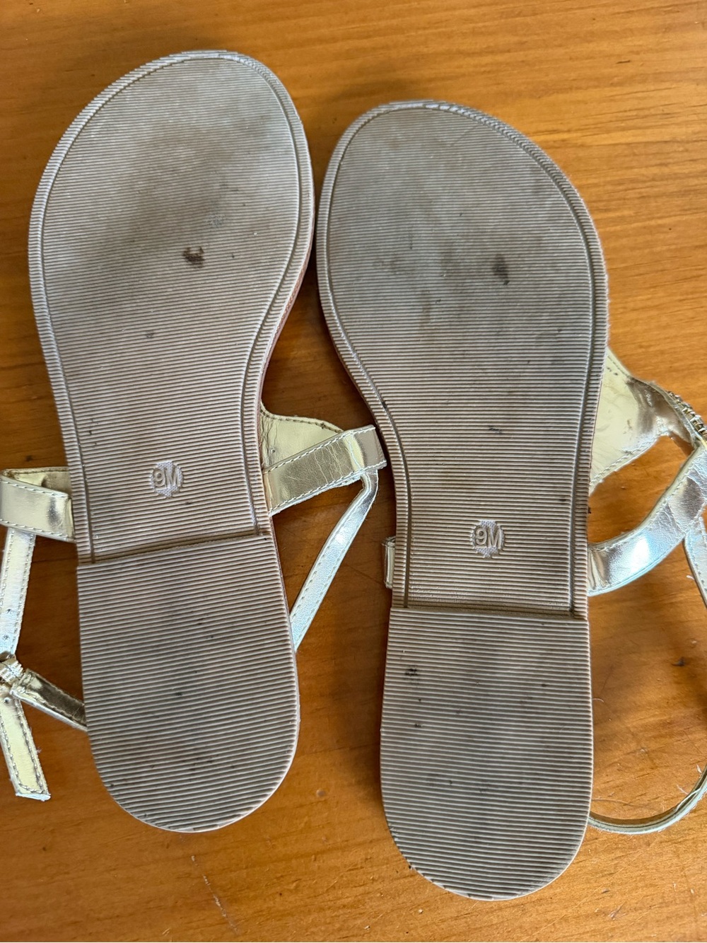 David's Bridal Gold Jeweled T-Strap Sandals with Crystal Accents - Picture 4 of 5